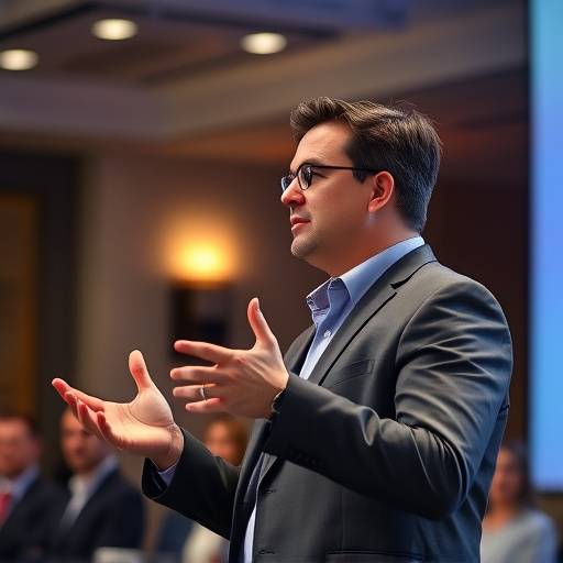Un oratore che gesticola con sicurezza durante una presentazione aziendale a Milano